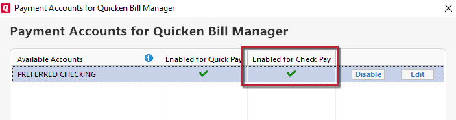 payment account for quicken bill manager