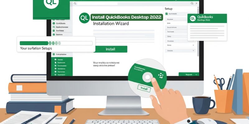 QuickBooks Desktop 2022 on a computer using setup wizard with progress bar and installation media