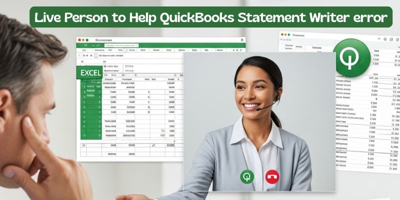 Live person assisting user with QuickBooks Statement Writer error on laptop via video chat support